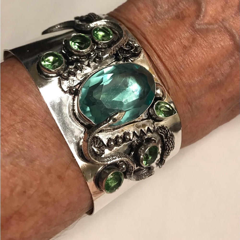 Green Amethyst Peridot Stamped Solid 925 Sterling Silver Cuff Bracelet